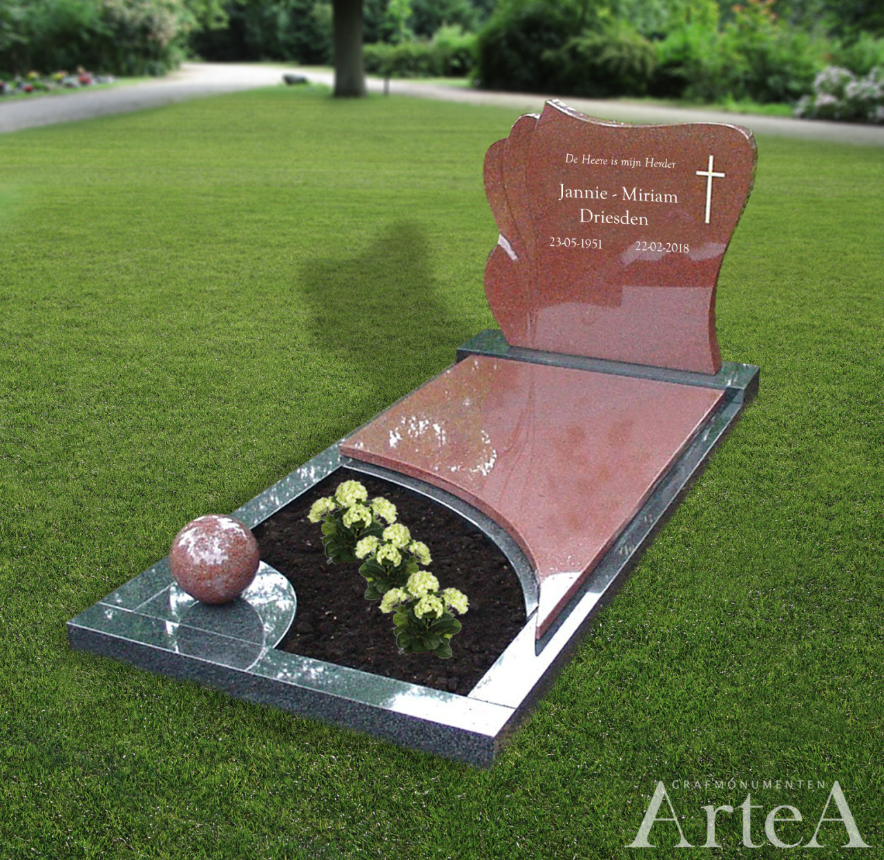 grafmonument rood met kruis en tuin grafsteen met planten