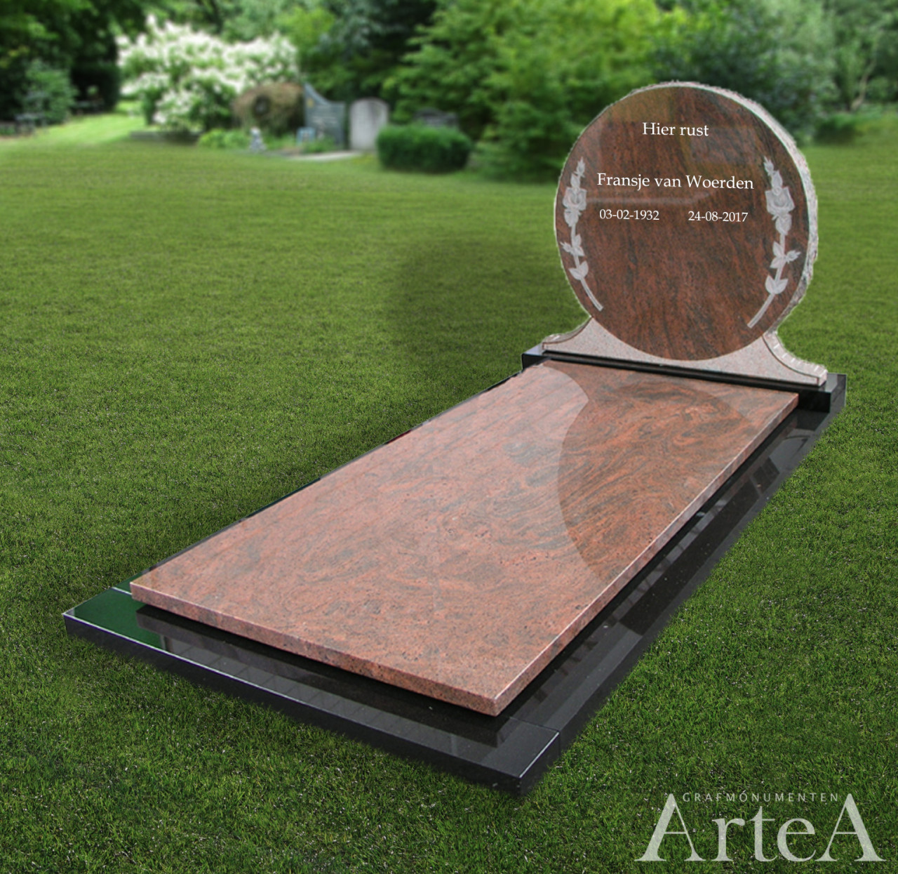 Grafsteen zwart met rood rond met bloemen grafmonumenten graniet goedkoop