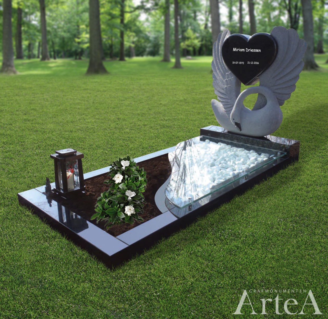 Grafsteen gans en hart grafmonument zwart graniet met glas tuin en planten