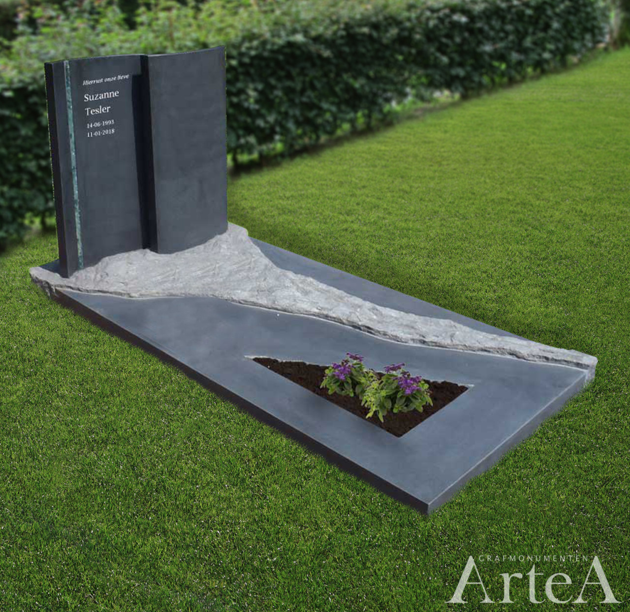 Grafsteen gezoet graniet met grafmonument van ruw graniet met glas strook