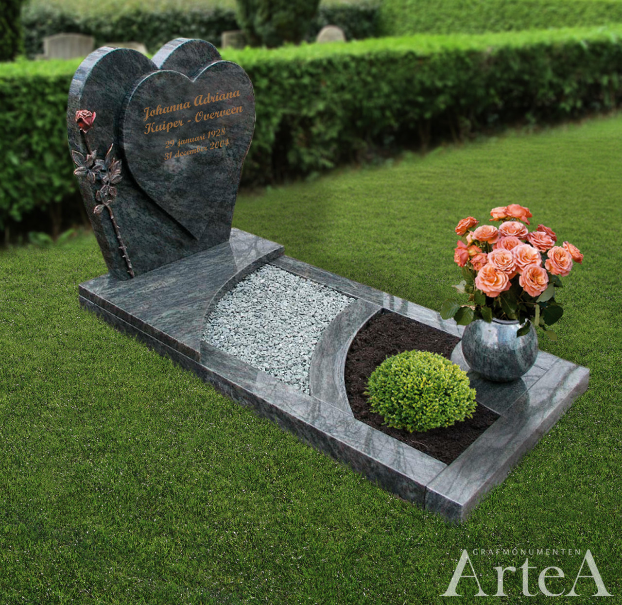 Grafsteen hart met bronzen roos grafmonument met planten en tuin