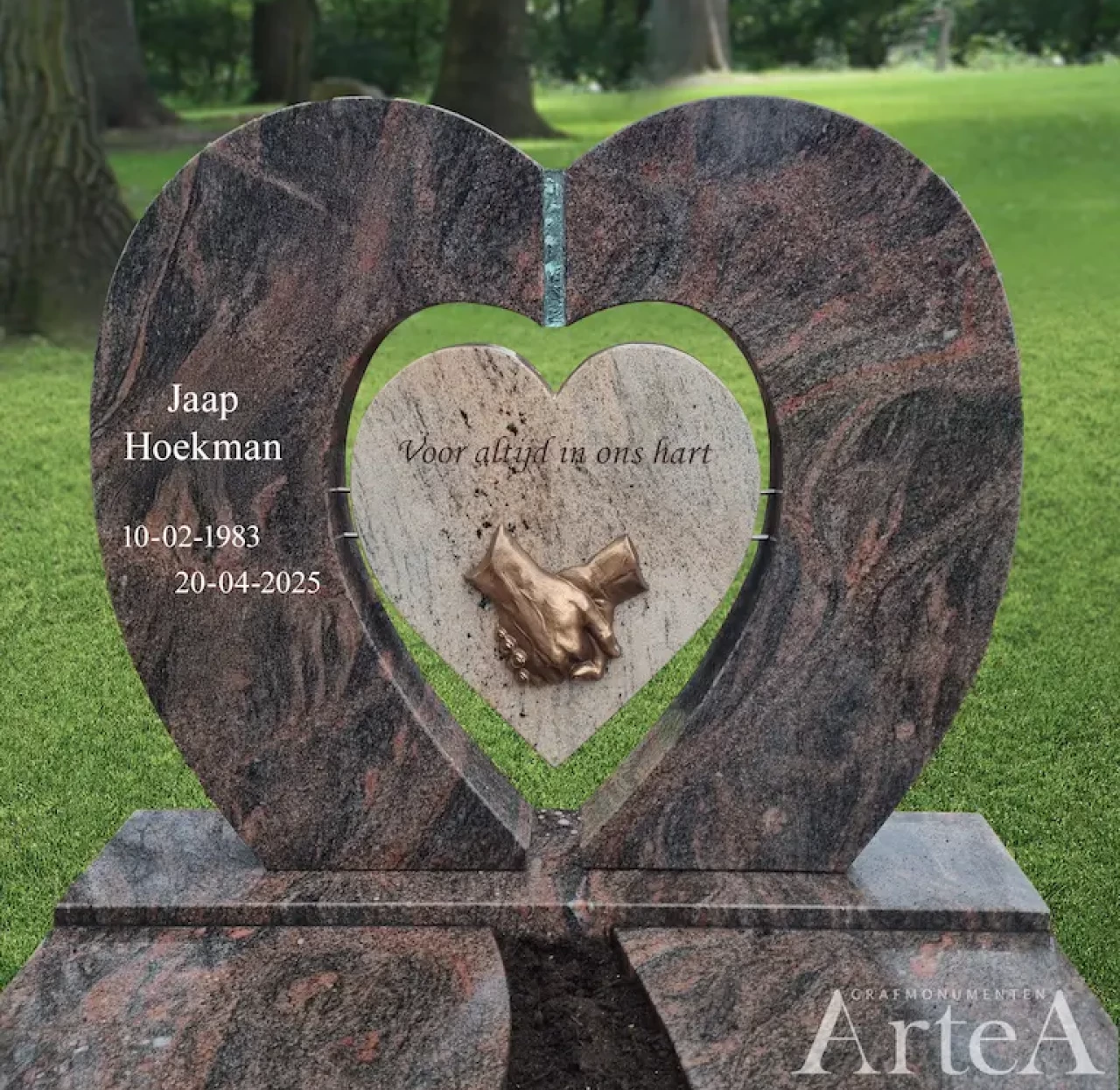 grafsteen met bronzen handen en hartvorm