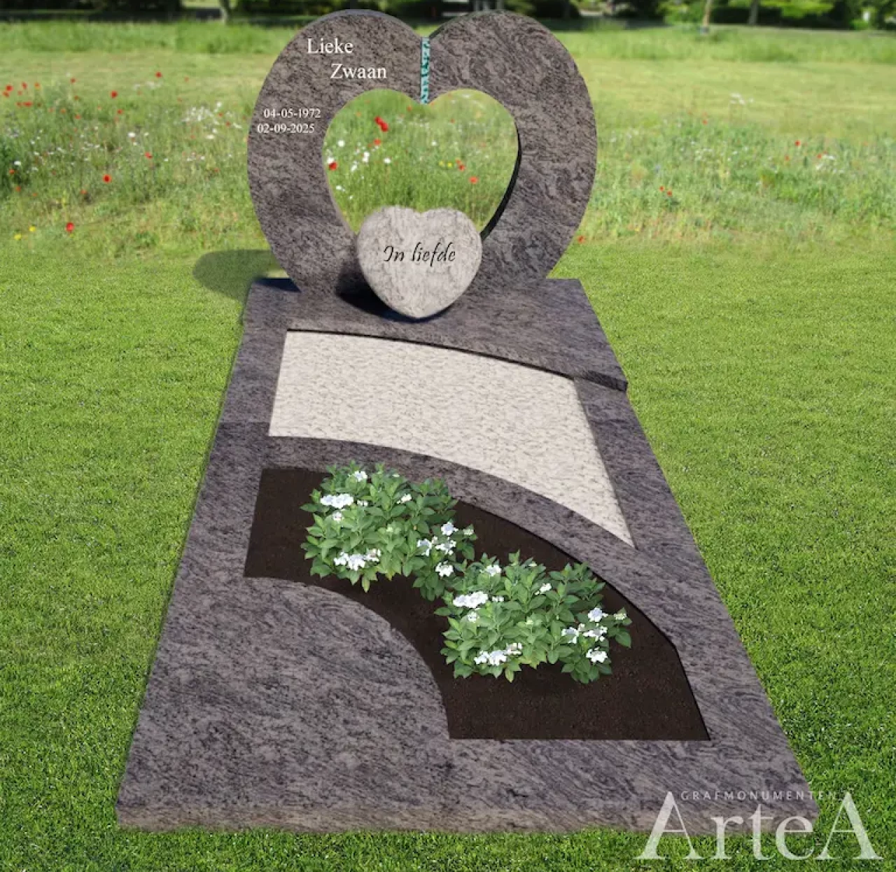 Grafsteen met harten en glas