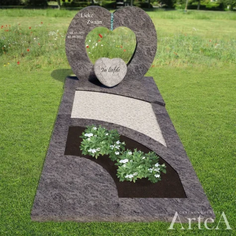Grafsteen met harten en glas