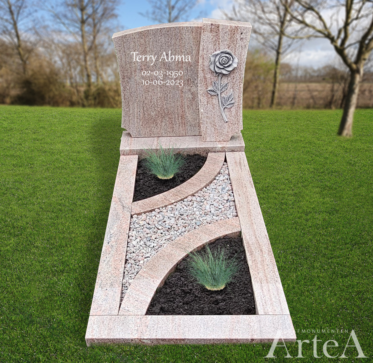 grafmonument met roos uitgekapt graniet