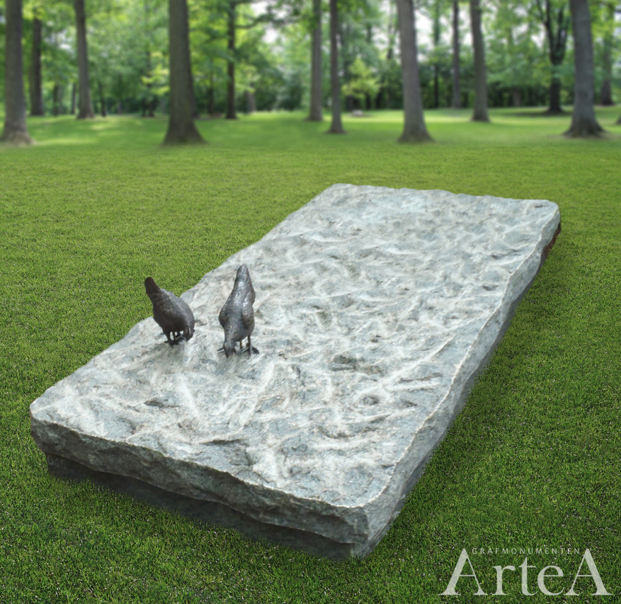 Grafsteen liggend met ruwe dekplaat en kippen