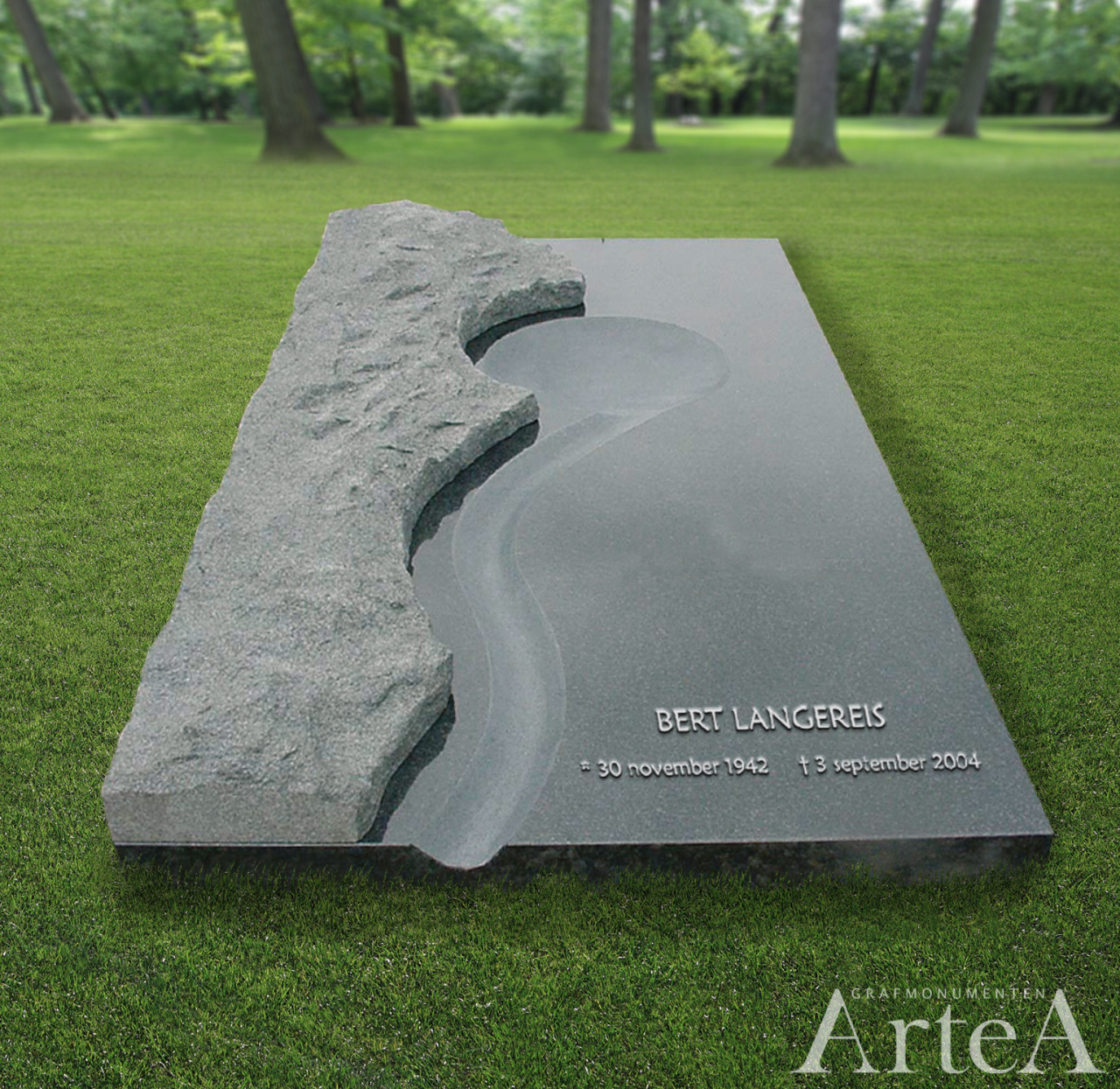 Grafsteen liggend met ruwgekapte dingen met zilveren letters