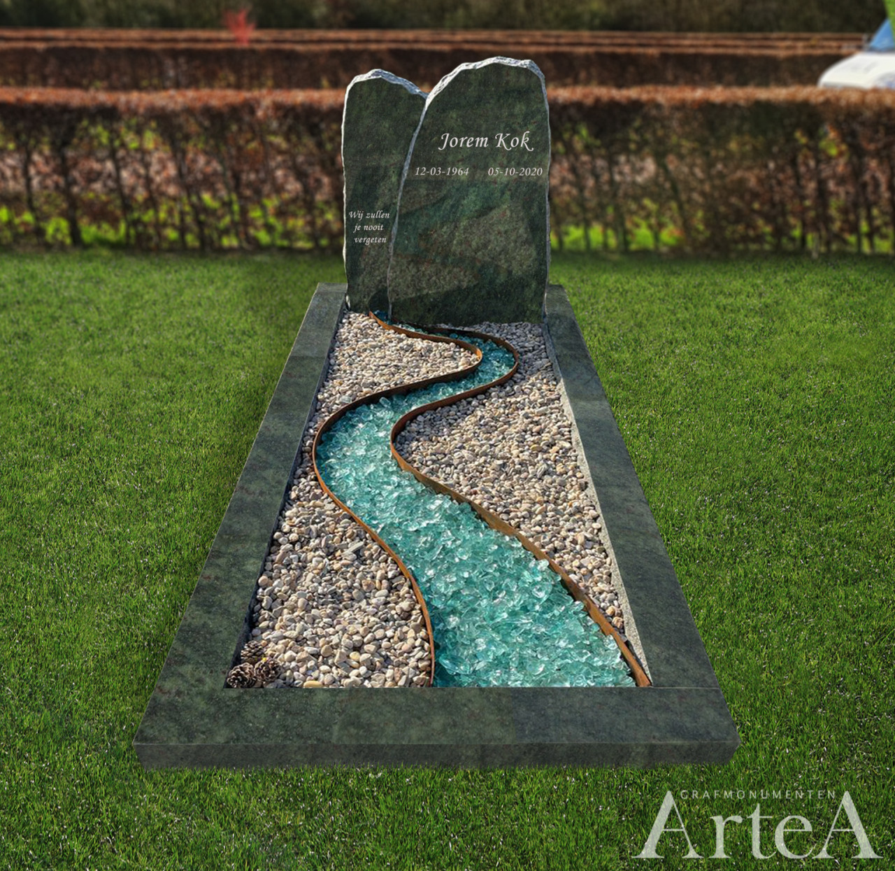 Grafsteen met twee zuilen en glas strook met cortenstaal