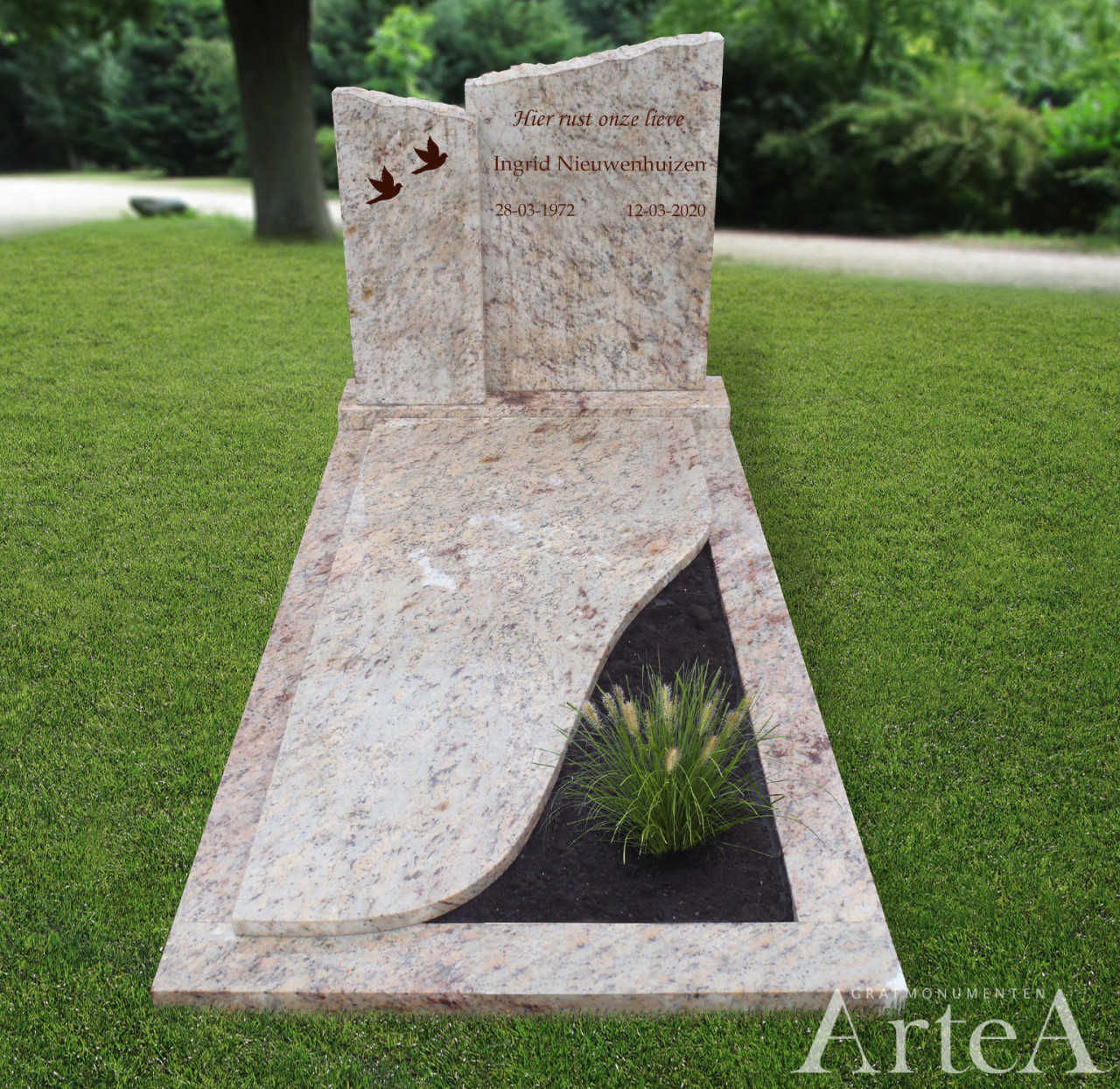 Grafsteen met 2 zuilen en ruw gekapt traditioneel goedkoop en van graniet