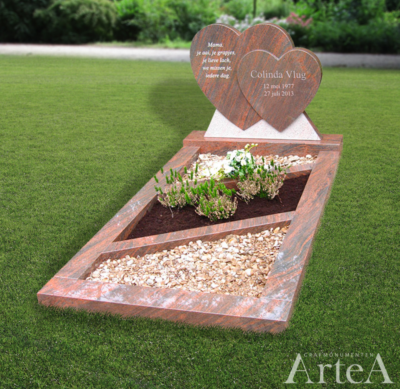 Grafsteen met 2 harten dubbele grafmonument met rood graniet tuin en planten