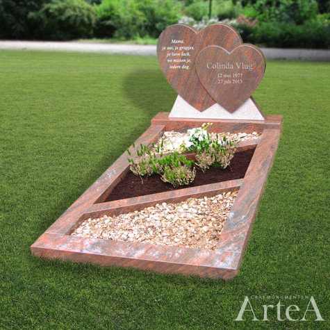 Grafsteen met 2 harten dubbele grafmonument met rood graniet tuin en planten