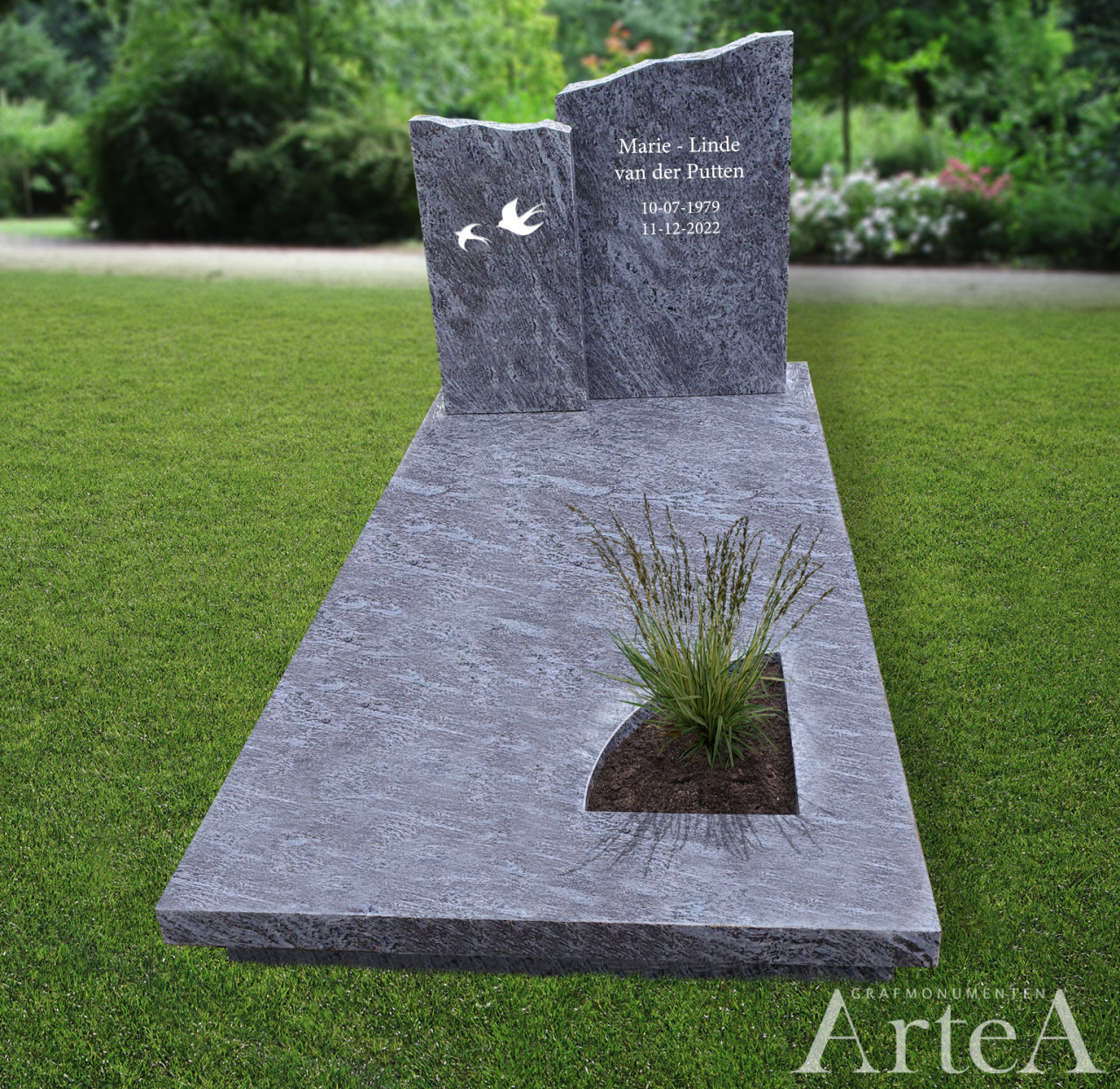 Grafsteen met 2 ruw gekapte zuilen van graniet met vogels
