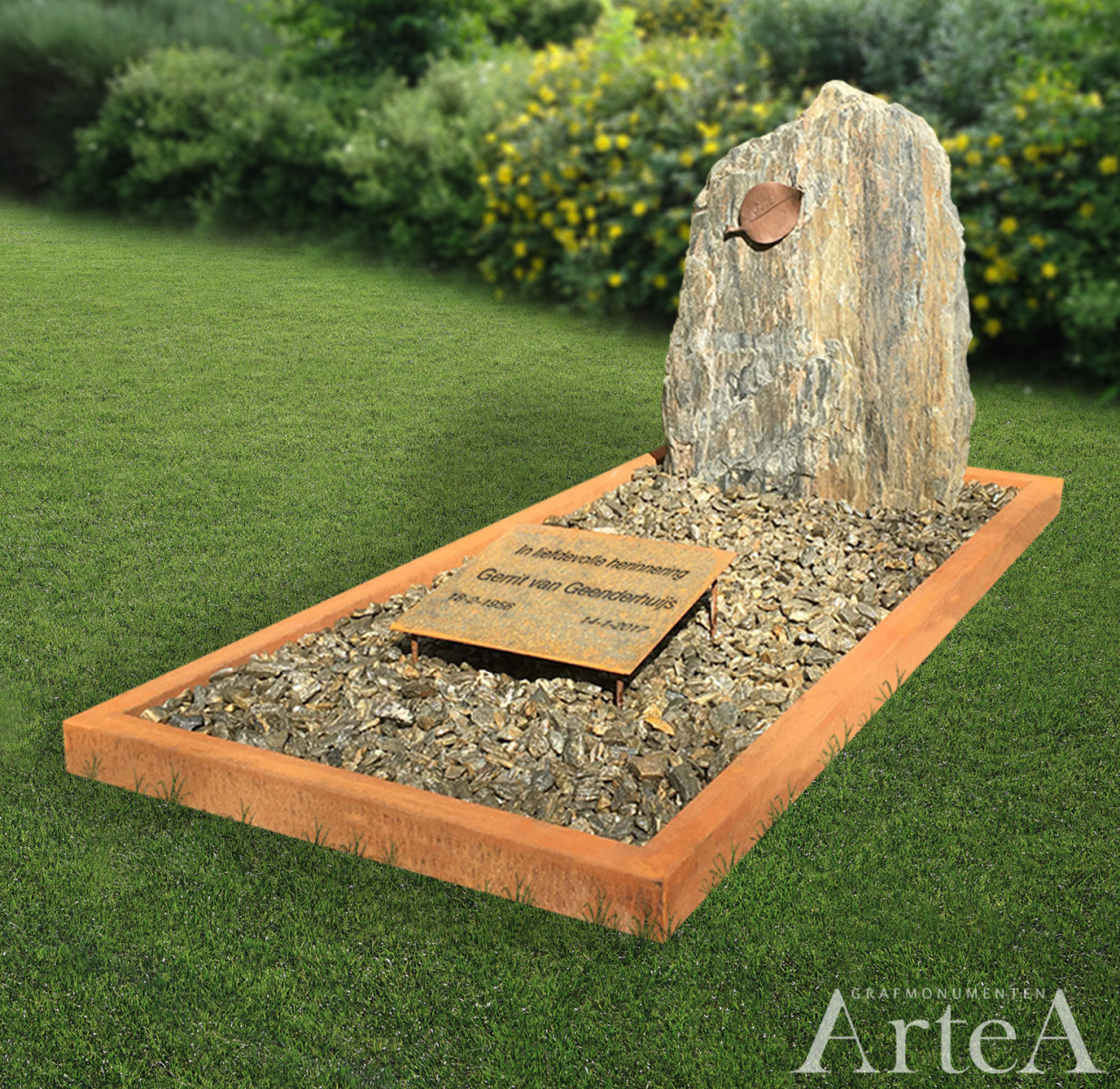 Grafsteen met corte staal ruwe kei grafmonument uniek