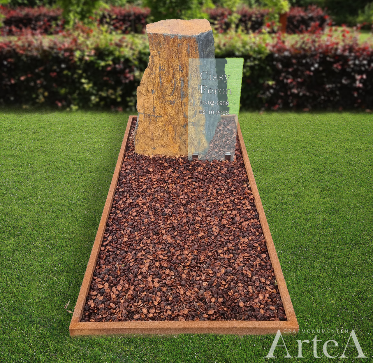 grafmonument met cortenstaal, glasplaat en leisteen