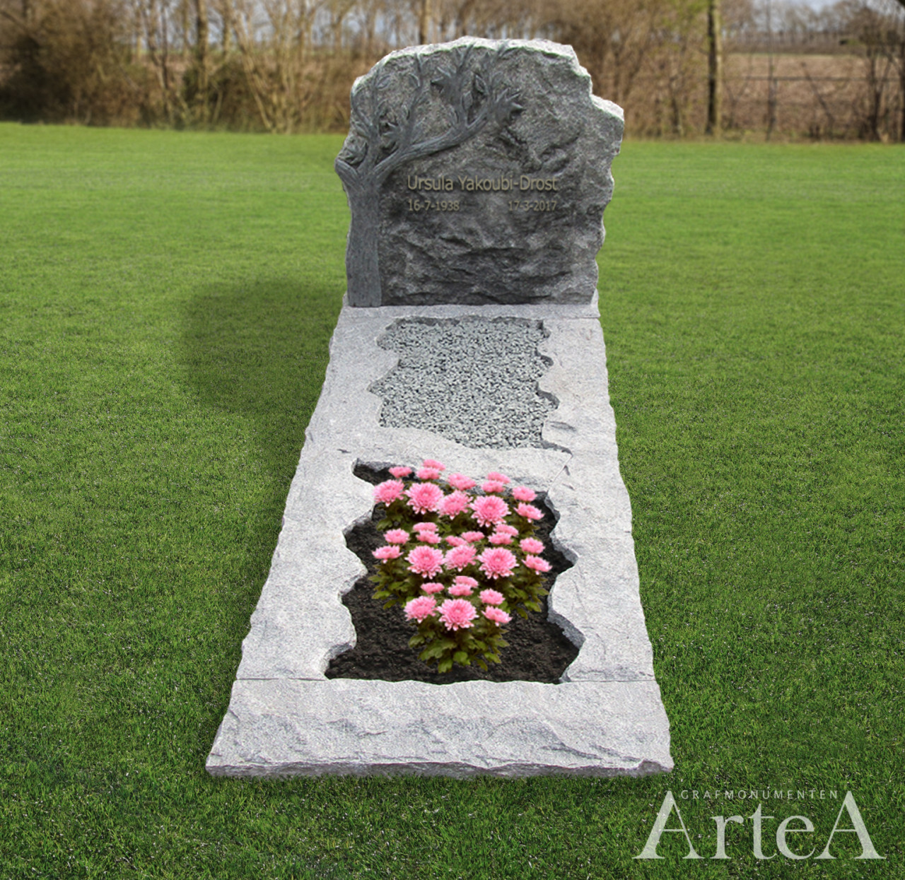 Grafmonument met boom ruw gekapte grafsteen van graniet