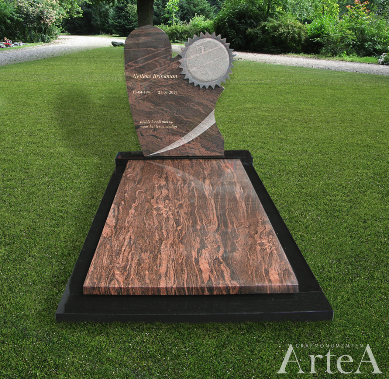 Grafsteen met bloem rood en zwart grafmonument graniet goedkoop en basis