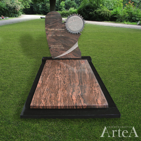 Grafsteen met bloem rood en zwart grafmonument graniet goedkoop en basis