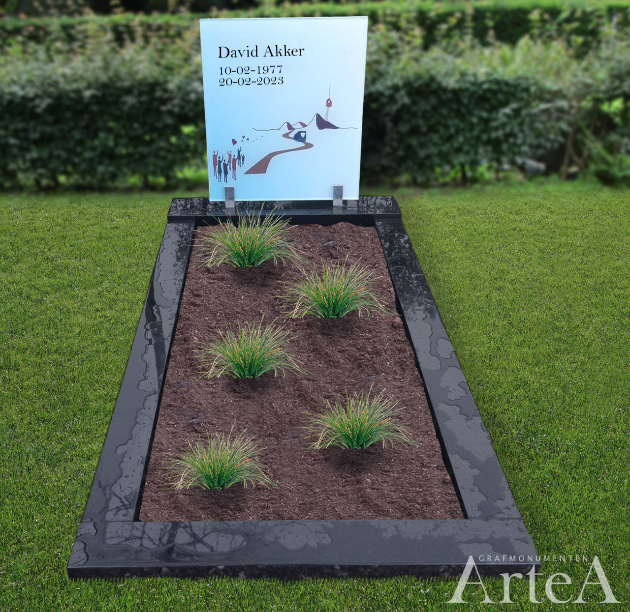 Grafmonument met glas en print