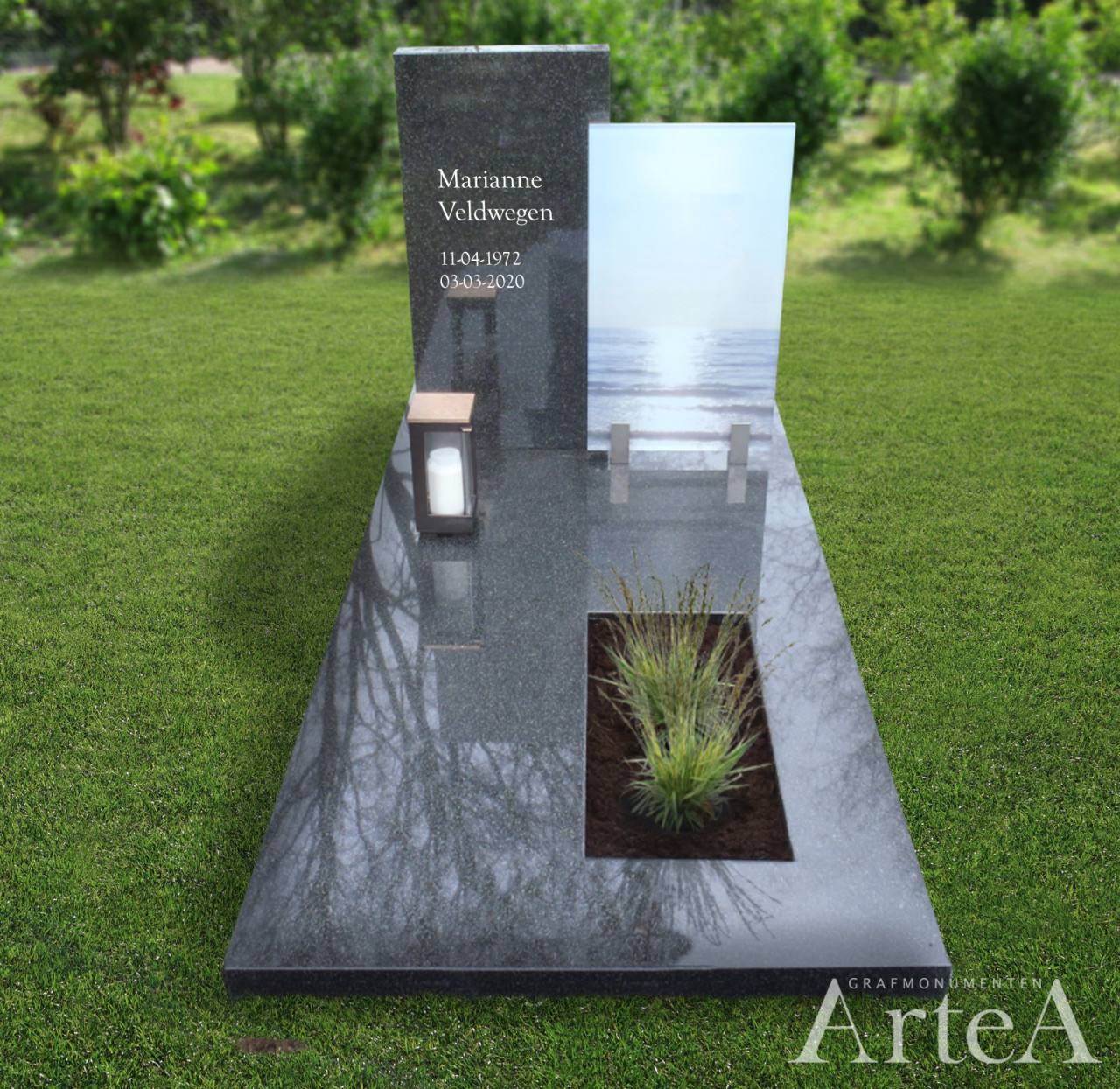 Moderne grafsteen met glasplaat