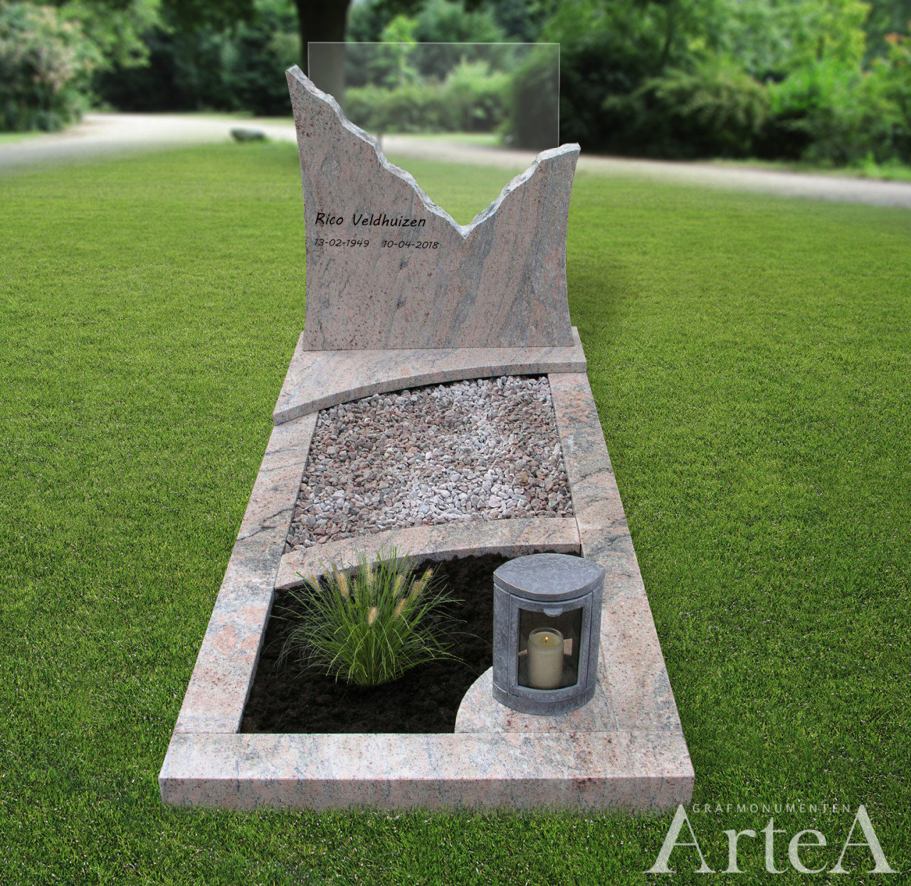 Grafsteen met glasplaat en een ruwe kant gemaakt van graniet goedkoop grafmonument