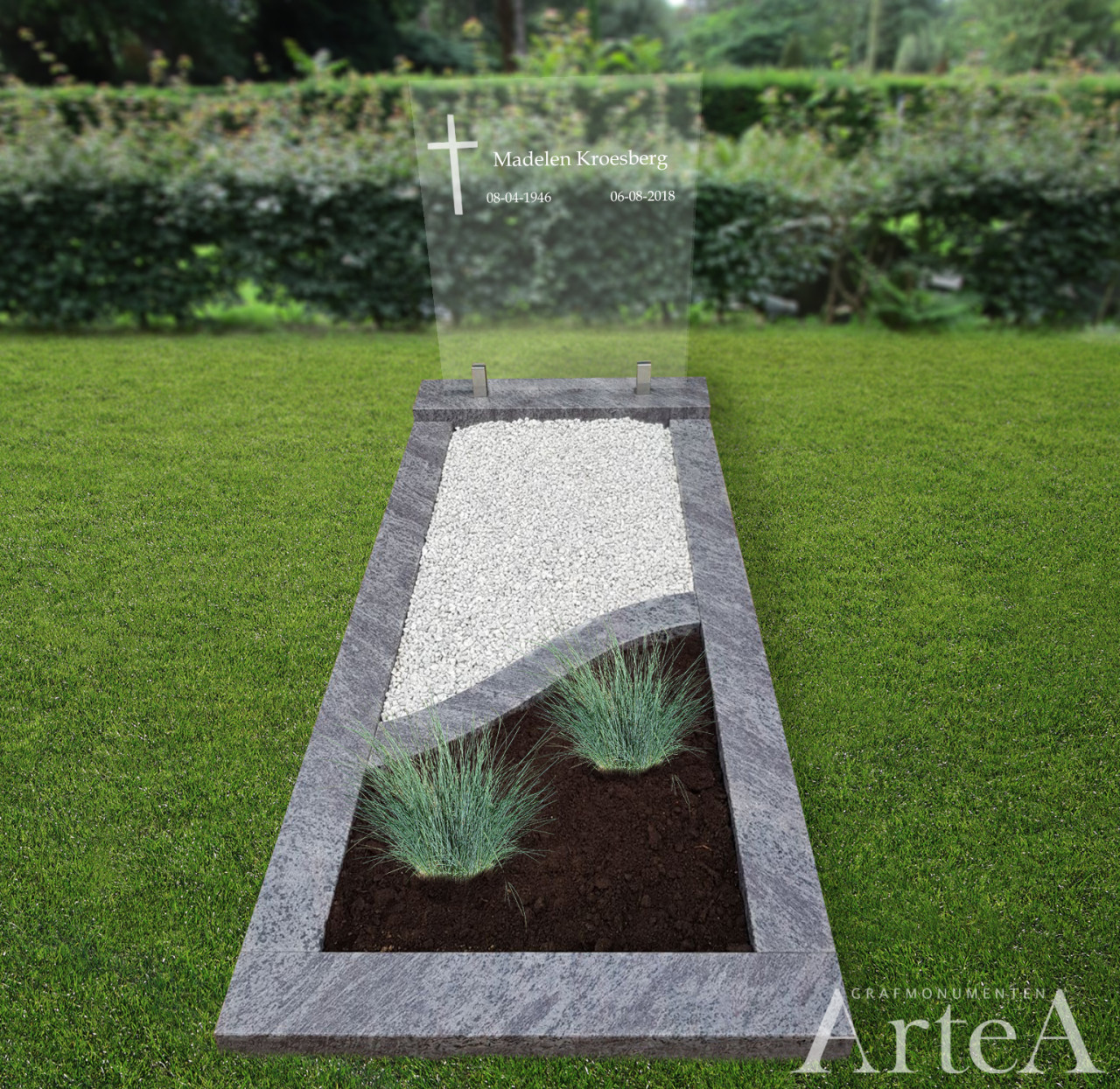 Grafsteen met glasplaat en kruis steen van graniet met tuin en grind