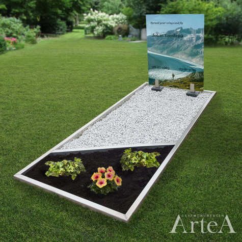 Grafsteen glasplaat met afbeelding bergen