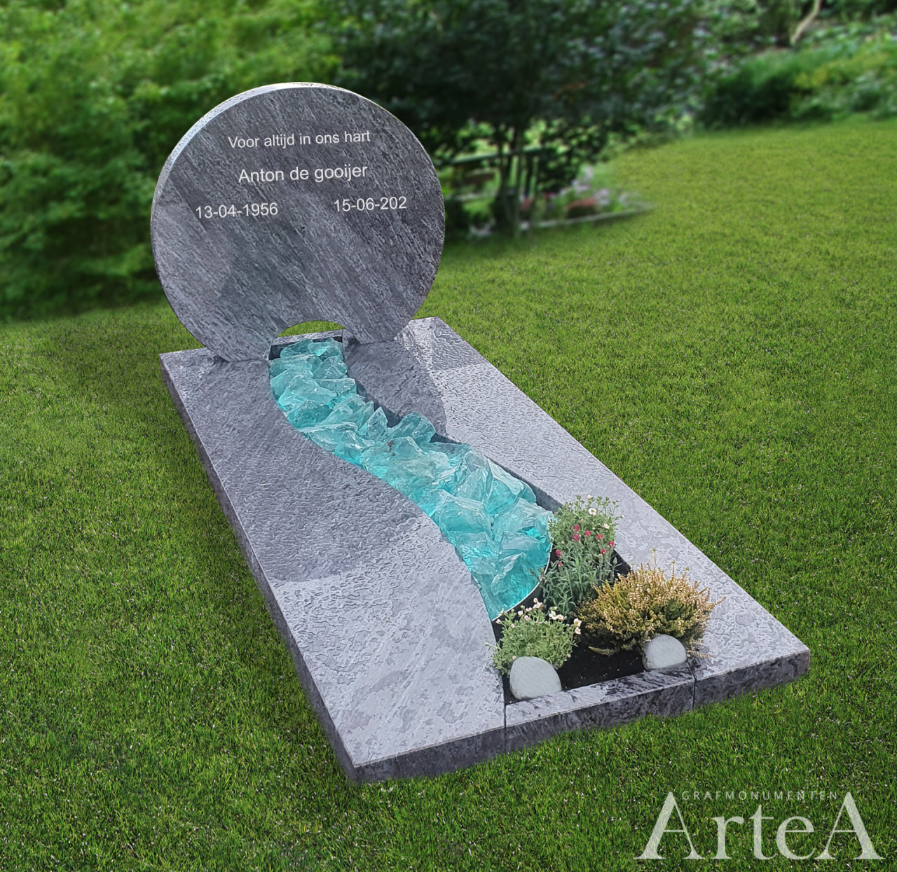 Grafsteen met glas strook van graniet
