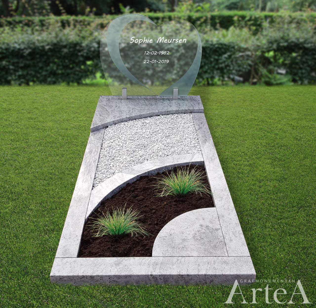 Grafsteen met glas en glasplaat en tuin wit graniet grafmonument