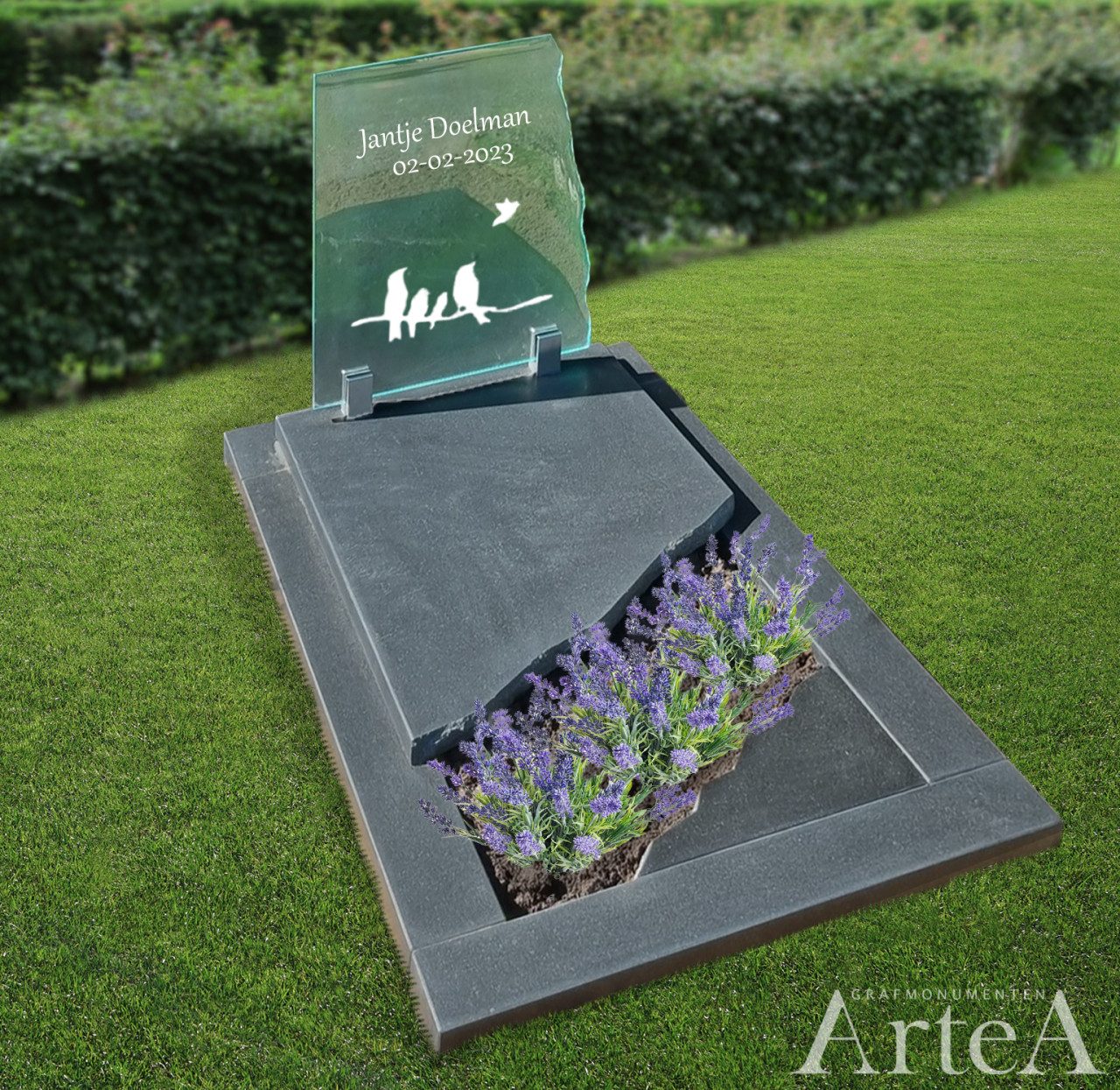 Moderne grafsteen met glasplaat en vogels