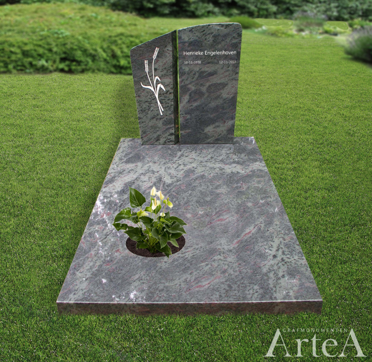 Grafsteen met graniet en planten grafmonument traditioneel en basis