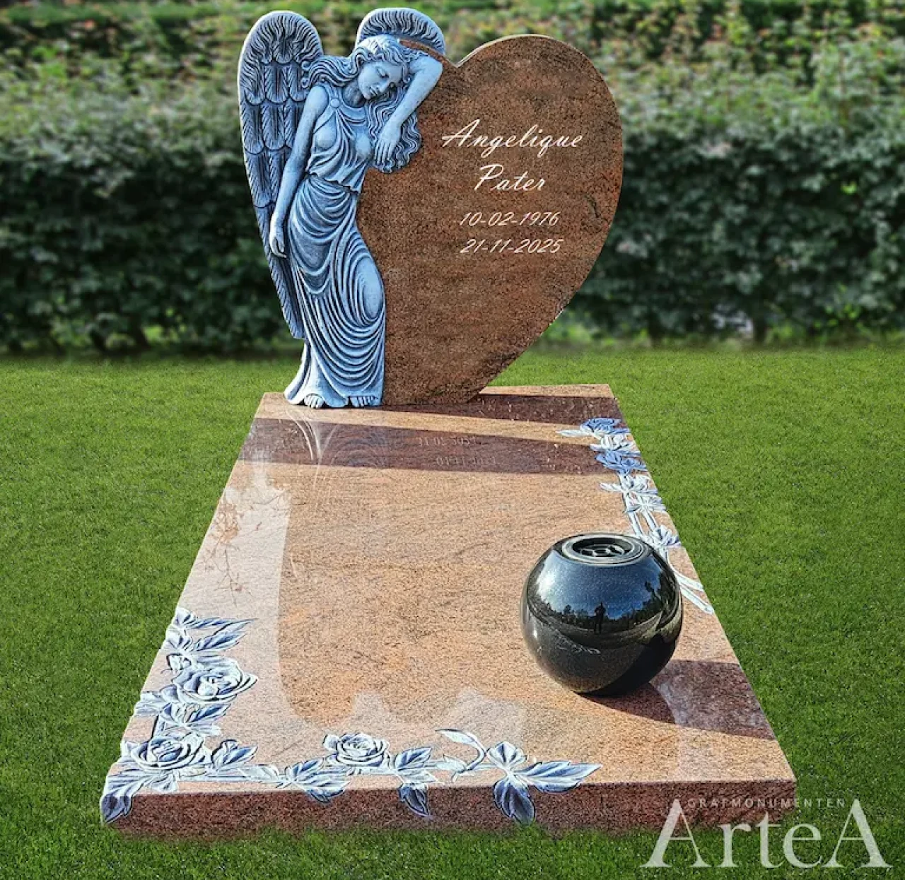 Grafsteen met engel en hartvorm