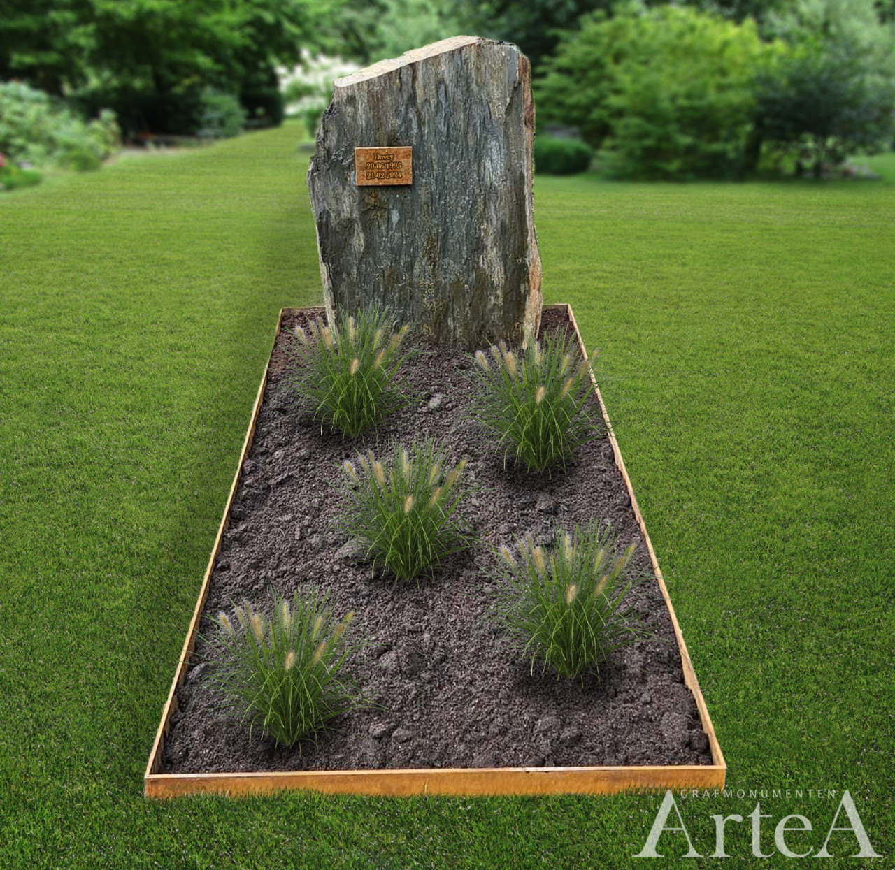 grafsteen met franse lei en corten staal