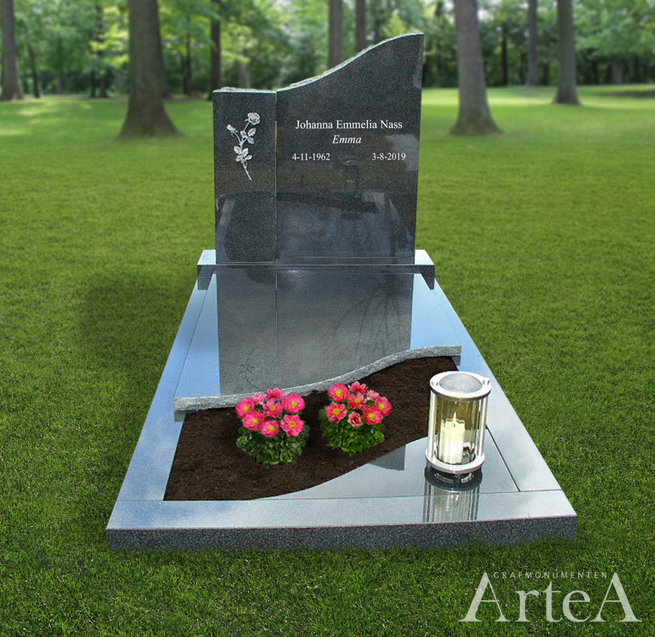 Goedkope grafsteen van graniet met planten