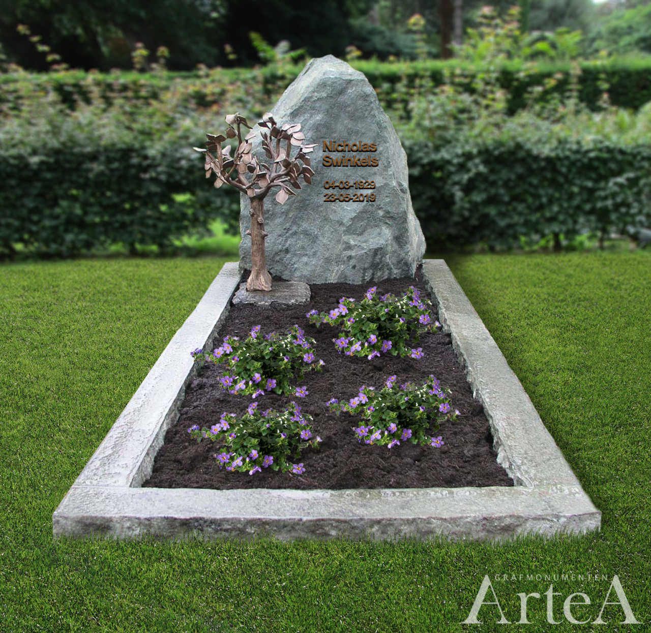 Grafsteen met kei en bronzen boom en bronzen letter