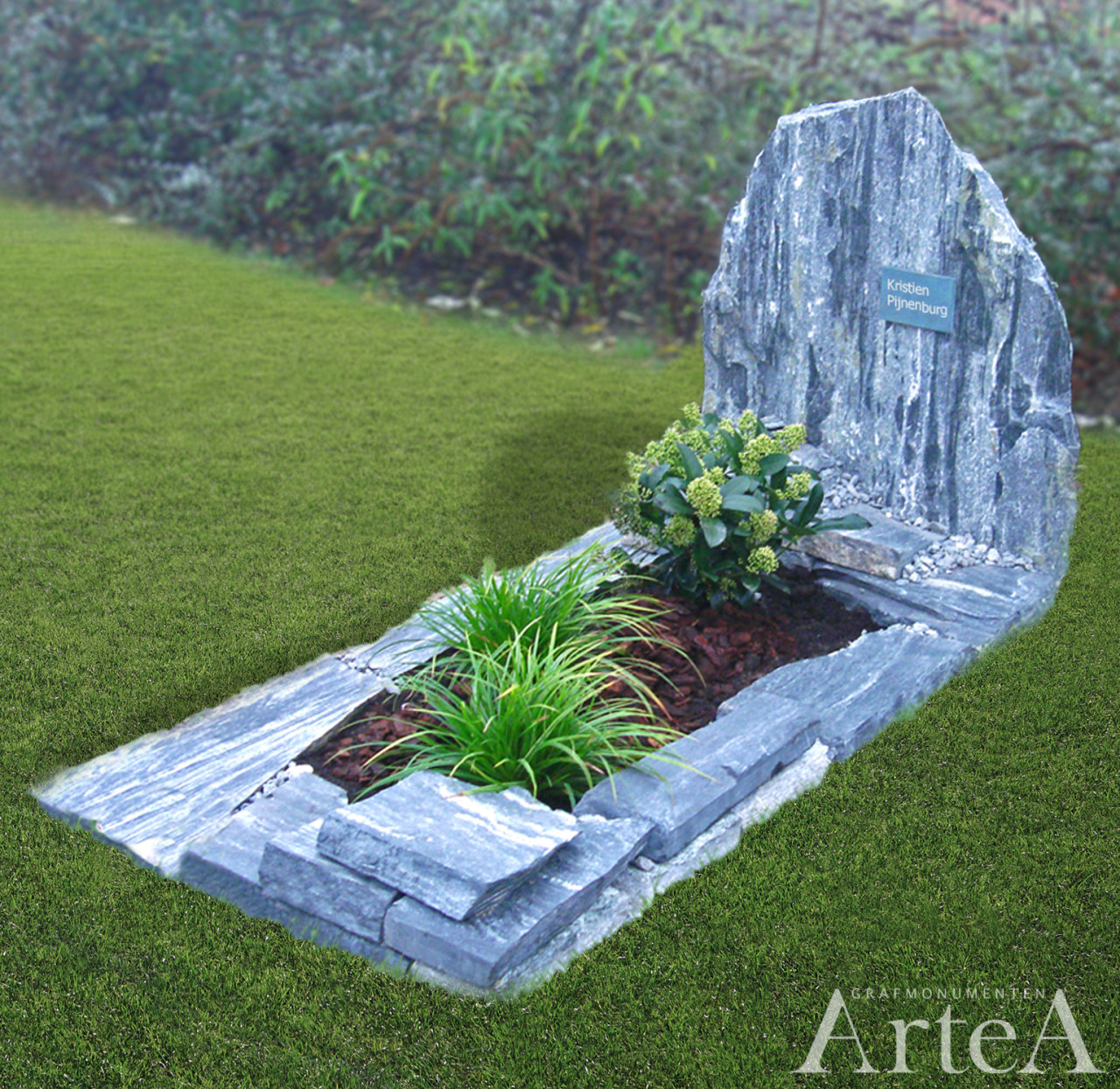 Grafsteen met kei en ruw gedeelte natuurlijk en traditioneel