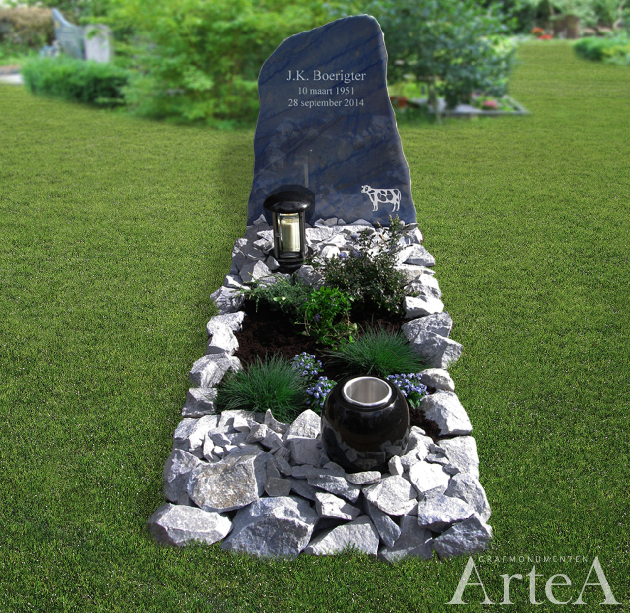 Grafsteen met keien en grote kei blauw en grijs