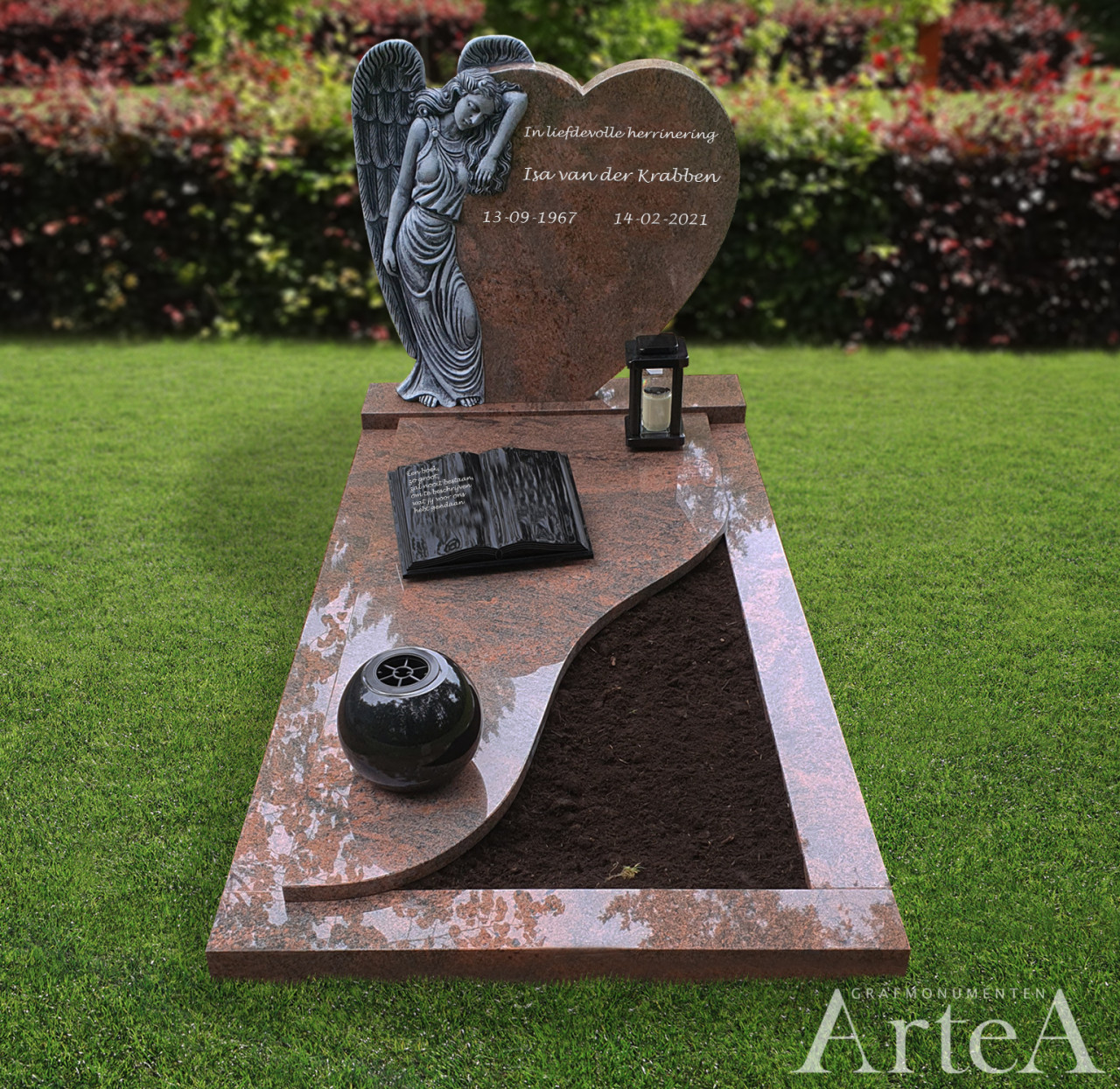 Grafsteen met hart van rood graniet en beeld van een engel