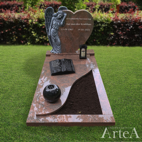 Grafsteen met hart van rood graniet en beeld van een engel