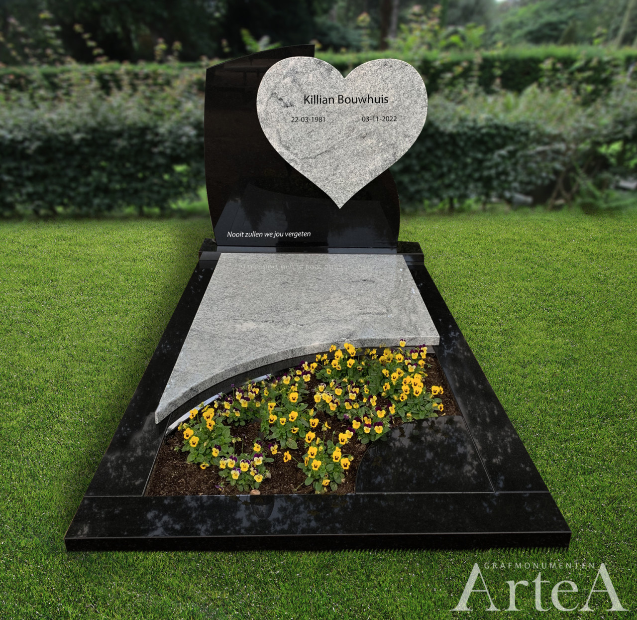 grafsteen met hart graniet zwart en wit