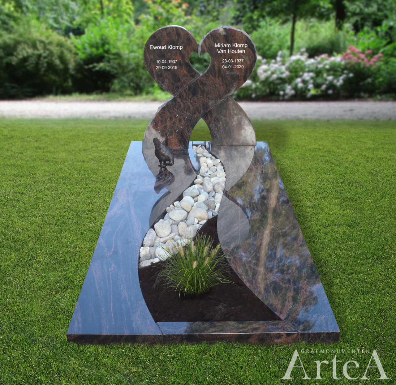 Grafsteen met hart en 2 zuilen dit grafmonument is uniek en is gemakt van graniet