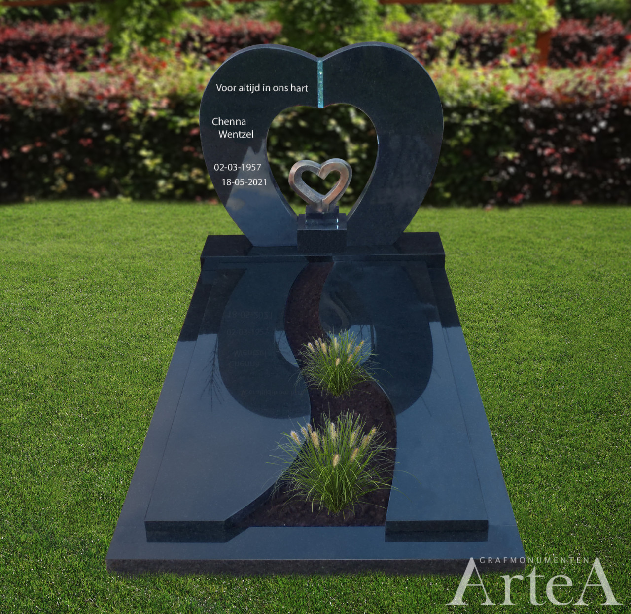 Grafsteen met hart en bronzen hart van zwart graniet