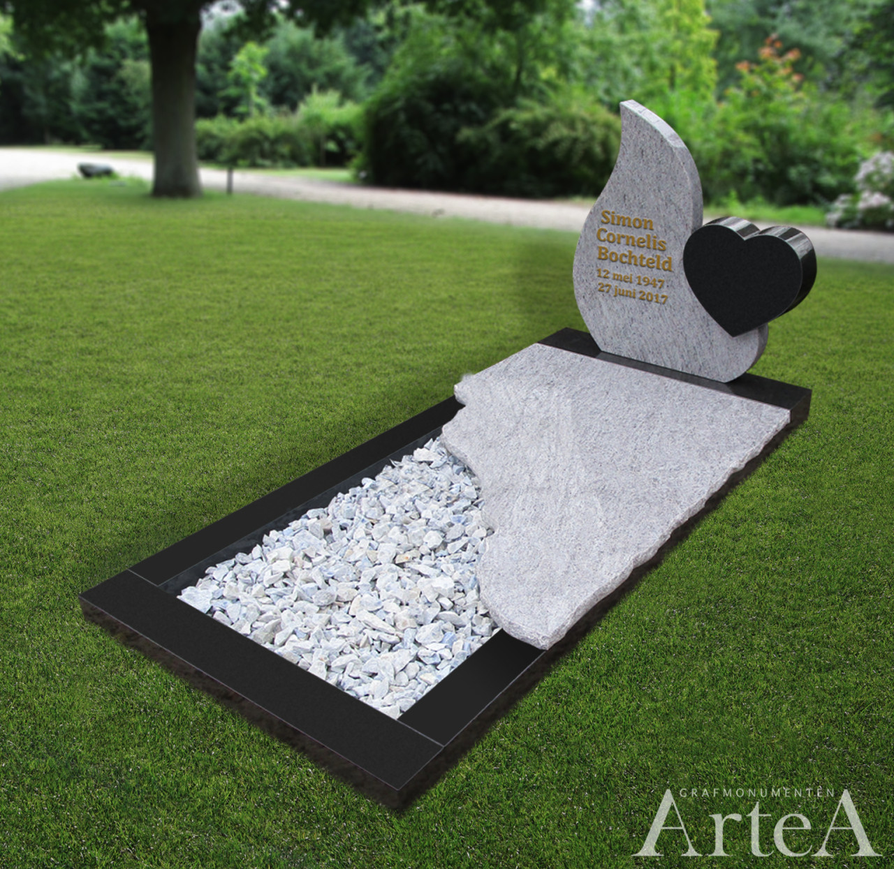 Grafsteen met hart en graniet grafmonument wit en zwart met grind