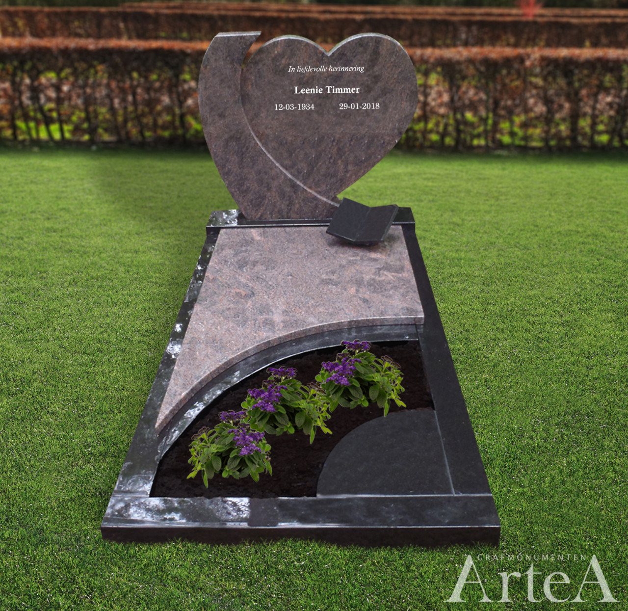 Grafsteen met hart grafmonument graniet met boek zwart rood en bruin