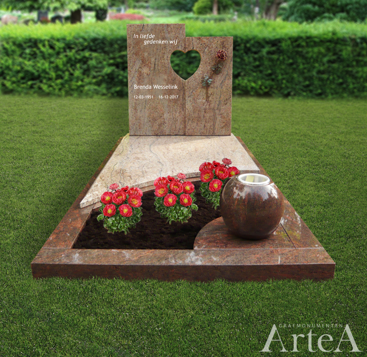 Grafsteen met hart grafmonument rood graniet met tuin