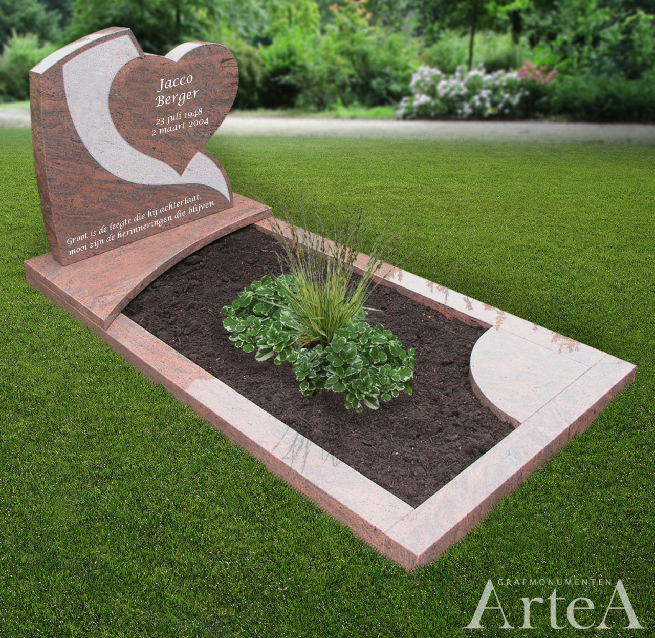 grafmonument met staande steen in hartvorm