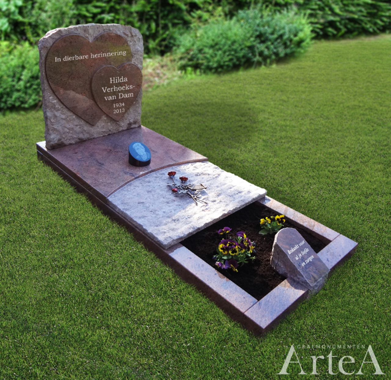 Grafsteen met harten grafmonument met rood graniet rode tekens tuin met planten en foto
