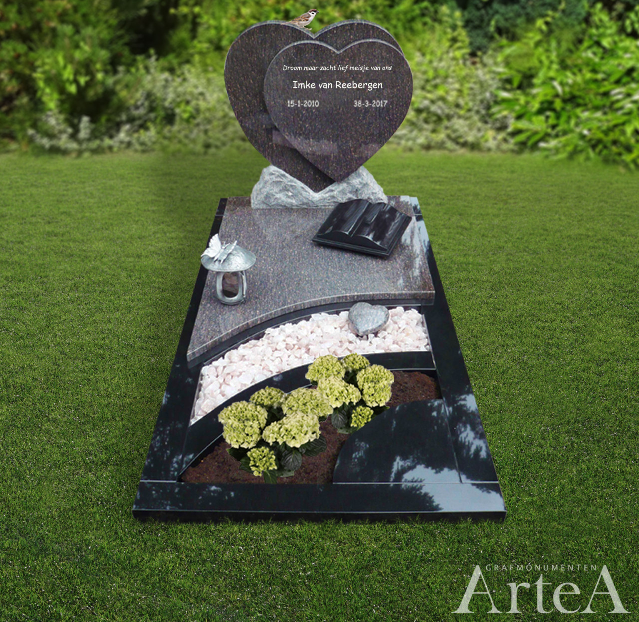 Grafsteen met harten grafmonument met vogel tuin planten boek lantaarn zwart graniet
