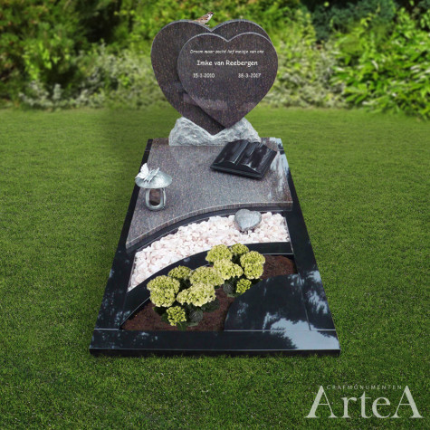 Grafsteen met harten grafmonument met vogel tuin planten boek lantaarn zwart graniet
