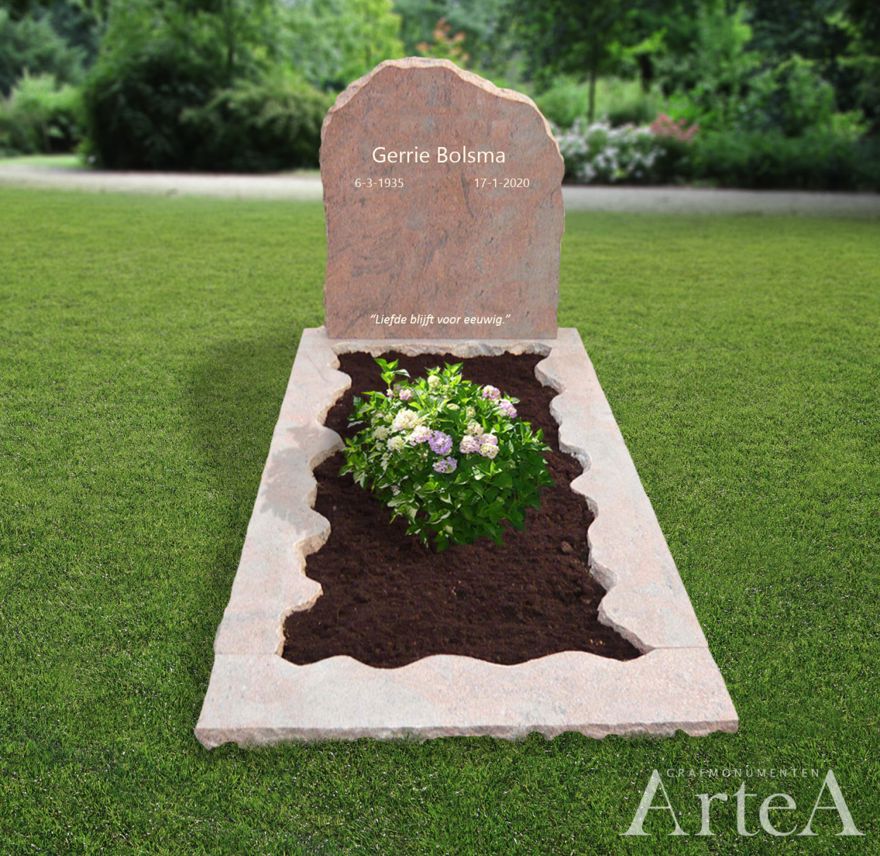 Grafsteen met ruwe randen en tuin