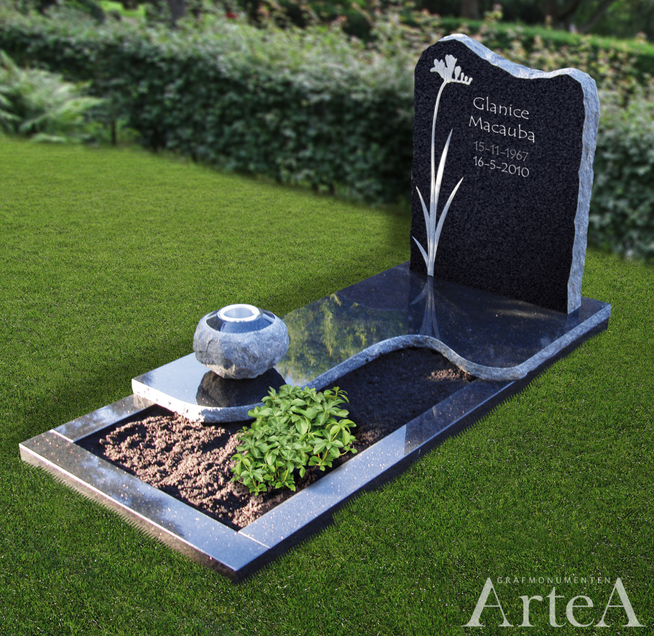 grafmonument met ronde vormen en bloem afbeelding